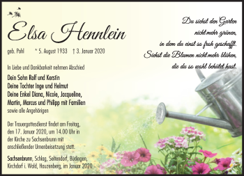 Traueranzeige von Elsa Hennlein von Südthüringer Presse