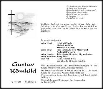 Traueranzeige von Gustav Römhild von Südthüringer Presse