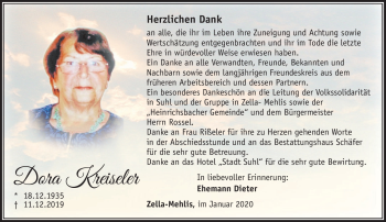 Traueranzeige von Dora Kreiseler von Südthüringer Presse