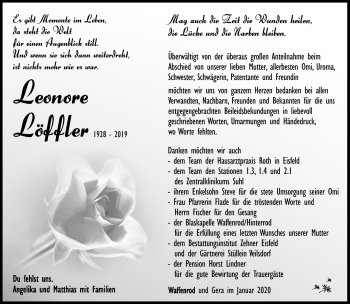 Traueranzeige von Leonore Löffler von Südthüringer Presse