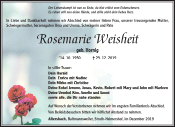 Traueranzeige von Rosemarie Weisheit von Südthüringer Presse