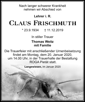 Traueranzeige von Claus Frischmuth von Südthüringer Presse
