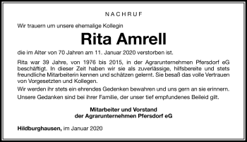 Traueranzeige von Rita Amrell von Südthüringer Presse