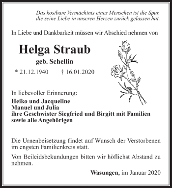 Traueranzeige von Helga Straub von Südthüringer Presse