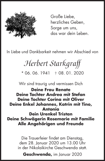 Traueranzeige von Herbert Starkgraff von Südthüringer Presse