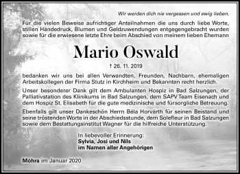 Traueranzeige von Mario Oswald von Südthüringer Presse
