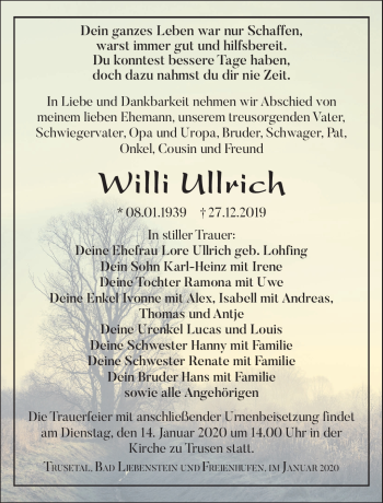 Traueranzeige von Willi Ullrich von Südthüringer Presse