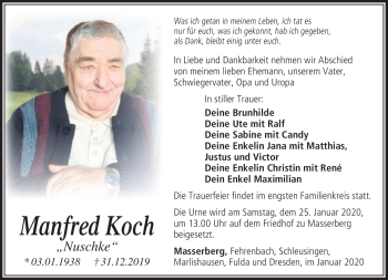 Traueranzeige von Manfred Koch von Südthüringer Presse