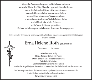 Traueranzeige von Erna Roth von Südthüringer Presse