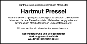 Traueranzeige von Hartmut Pressel von Neue Presse Coburg