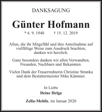 Traueranzeige von Günter Hofmann von Südthüringer Presse