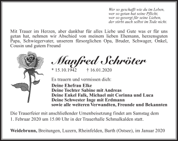 Traueranzeige von Manfred Schröter von Südthüringer Presse