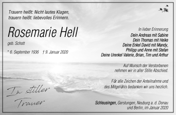 Traueranzeige von Rosemarie Hell von Südthüringer Presse