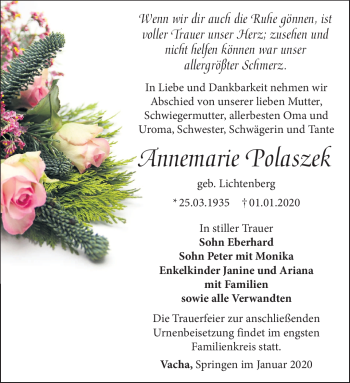 Traueranzeige von Annemarie Polaszek von Südthüringer Presse