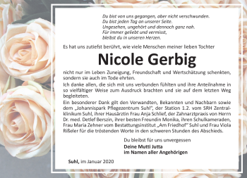 Traueranzeige von Nicole Gerbig von Südthüringer Presse