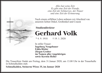 Traueranzeige von Gerhard Volk von Südthüringer Presse
