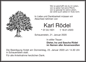 Traueranzeige von Karl Rödel von Frankenpost