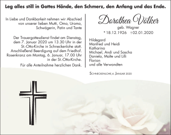 Traueranzeige von Dorothea Völker von Neue Presse Coburg