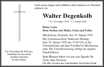 Traueranzeige von Walter Degenkolb von Frankenpost
