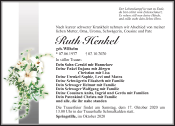 Traueranzeige von Ruth Henkel von Südthüringer Presse