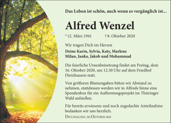 Traueranzeige von Alfred Wenzel von Südthüringer Presse