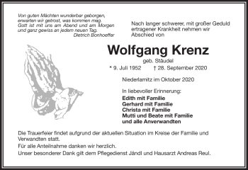 Traueranzeige von Wolfgang Krenz von Frankenpost