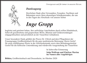 Traueranzeige von Inge Gropp von Südthüringer Presse