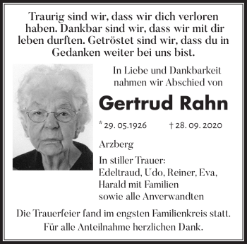 Traueranzeige von Gertrud Rahn von Frankenpost