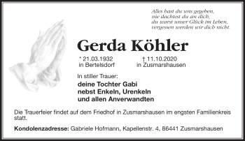 Traueranzeige von Gerda Köhler von Neue Presse Coburg