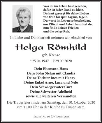 Traueranzeige von Helga Römhild von Südthüringer Presse