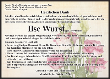 Traueranzeige von Ilse Wurst von Südthüringer Presse