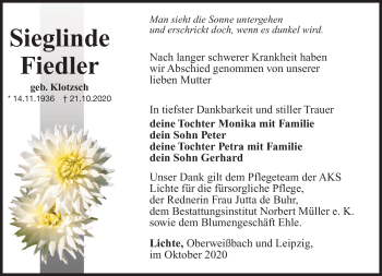 Traueranzeige von Sieglinde Fiedler von Südthüringer Presse