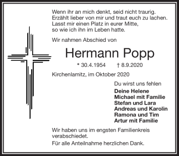 Traueranzeige von Hermann Popp von Frankenpost