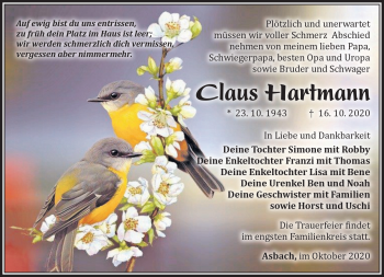 Traueranzeige von Claus Hartmann von Südthüringer Presse