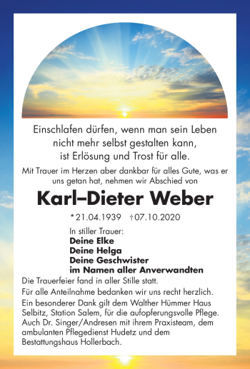 Traueranzeige von Karl-Dieter Weber von Frankenpost