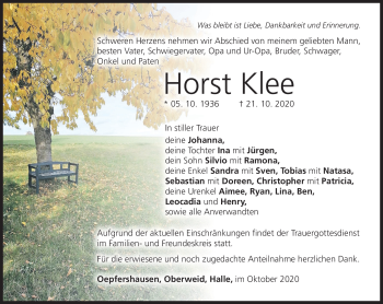 Traueranzeige von Horst Klee von Südthüringer Presse