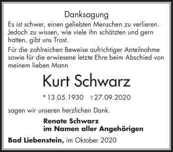 Traueranzeige von Kurt Schwarz von Südthüringer Presse