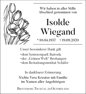 Traueranzeige von Isolde Wiegand von Südthüringer Presse