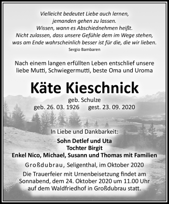 Traueranzeige von Käthe Kieschnick von Südthüringer Presse