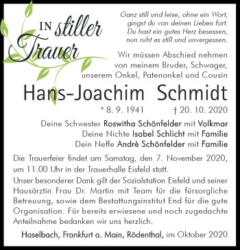 Traueranzeige von Hans-Joachim Schmidt von Südthüringer Presse