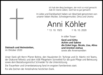 Traueranzeige von Anni Köhler von Neue Presse Coburg