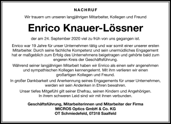 Traueranzeige von Enrico Knauer-Lössner von Südthüringer Presse