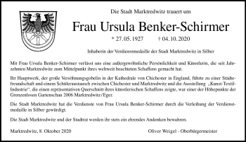 Traueranzeige von Ursula Benker-Schirmer von Frankenpost