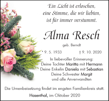 Traueranzeige von Alma Resch von Südthüringer Presse