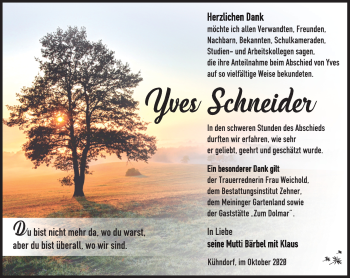 Traueranzeige von Yves Schneider von Südthüringer Presse