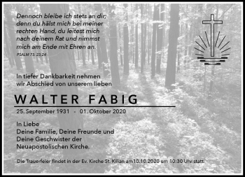 Traueranzeige von Walter Fabig von Südthüringer Presse