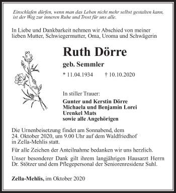 Traueranzeige von Ruth Dörre von Südthüringer Presse