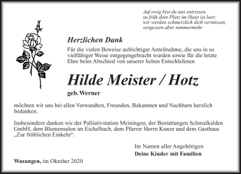 Traueranzeige von Hilde Meister / Hotz von Südthüringer Presse