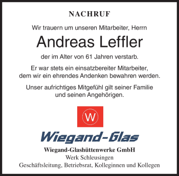 Traueranzeige von Andreas Leffler von Südthüringer Presse