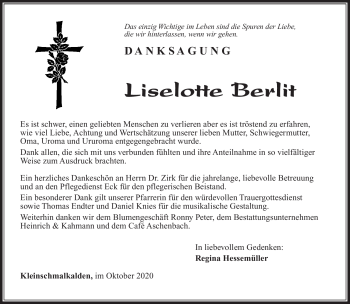 Traueranzeige von Liselotte Berlit von Südthüringer Presse